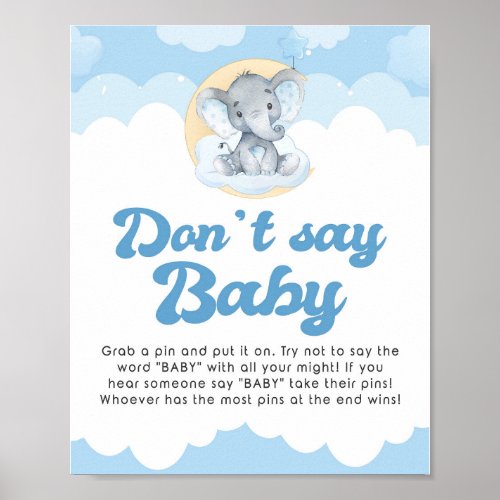 Dont Say Baby Blue Elephant Baby Shower Game Sign