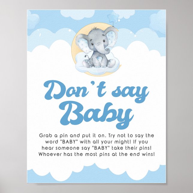 Don't Say Baby Blue Elephant Baby Shower Game Sign (Front)