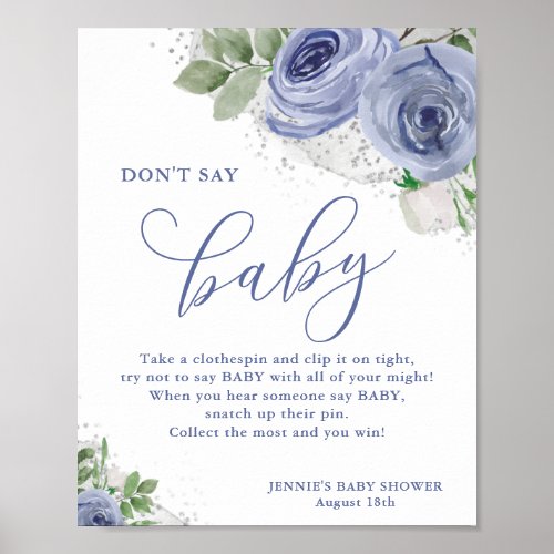 Dont Say Baby Blue Silver Floral Baby Shower Game Poster