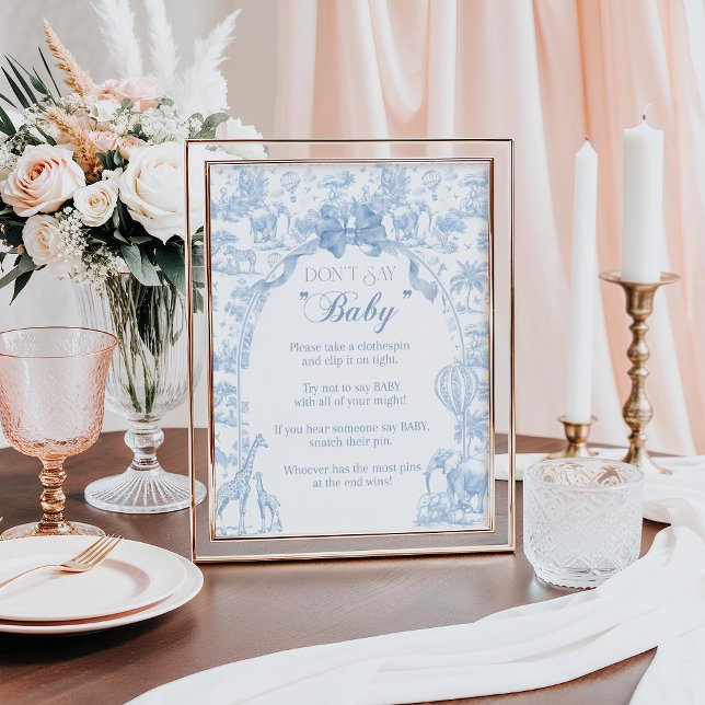 Dont Say Baby Blue Toile Safari Animal Baby Shower Poster (Creator Uploaded)