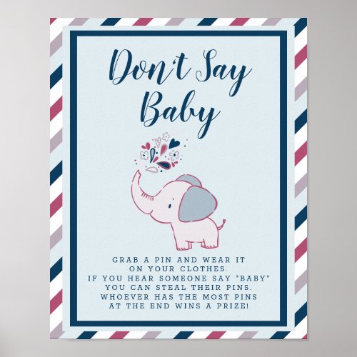 Dont Say Baby Cute Elephant Baby Shower Game Sign