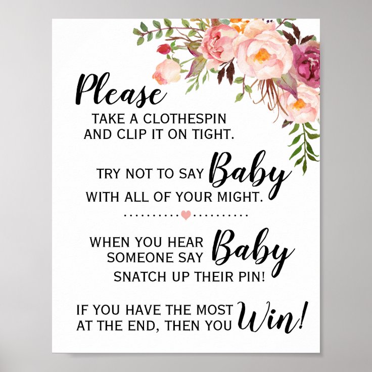 Don't say baby game baby shower pink flowers sign | Zazzle