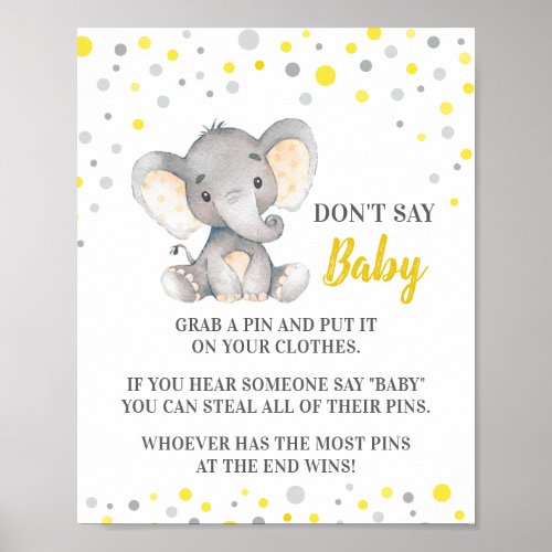 Dont Say Baby Game Yellow Elephant Baby Shower Poster
