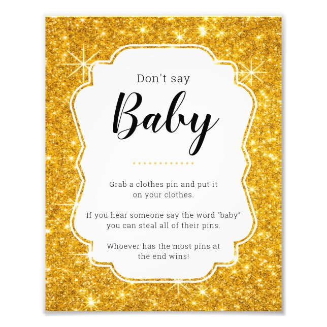 Don't Say Baby Gold Baby Shower Game Sign (Front)