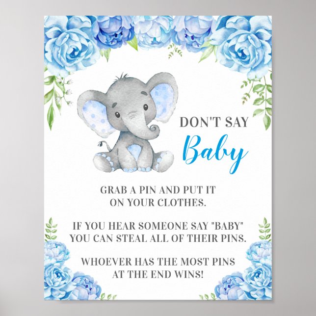 Don't Say Baby Pin Game Elephant Baby Boy Shower Poster (Front)