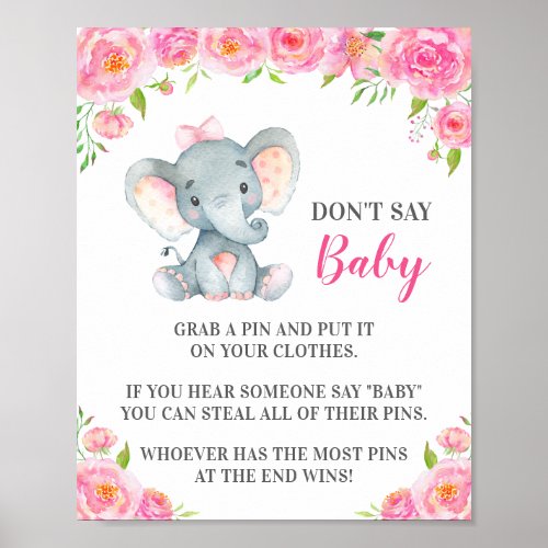 Dont Say Baby Pin Game Elephant Baby Girl Shower Poster