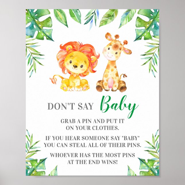 Don't Say Baby Pin Game Jungle Safari Baby Shower Poster (Front)