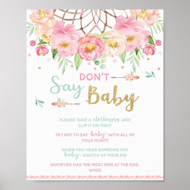 Don't Say Baby Shower Game Boho Dream Catcher Sign (Front)