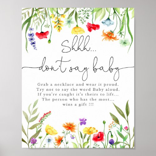 Dont say baby shower game colorful wildflowers poster