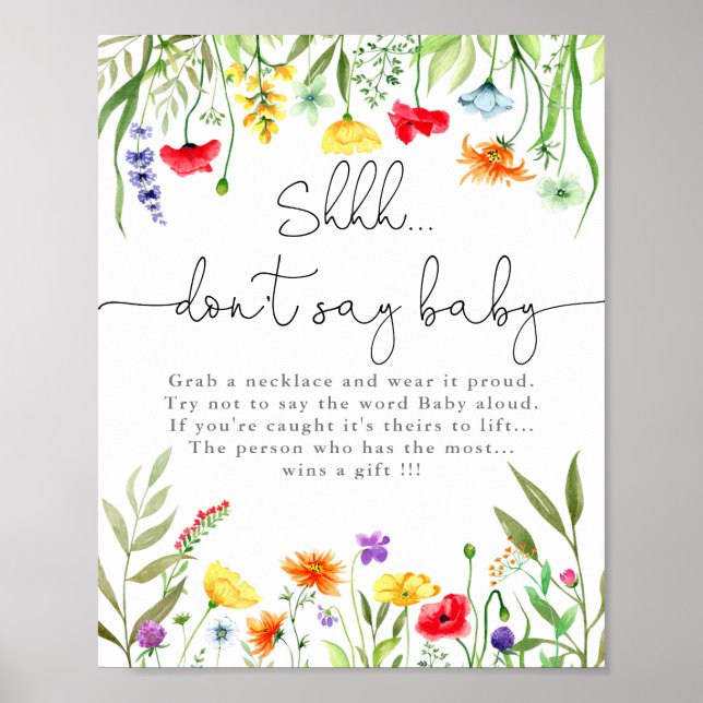 Don't say baby shower game colorful wildflowers poster (Front)