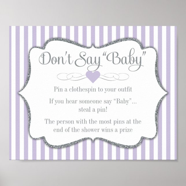 Don't Say Baby Shower Game Lavender Lilac Gray Poster (Front)