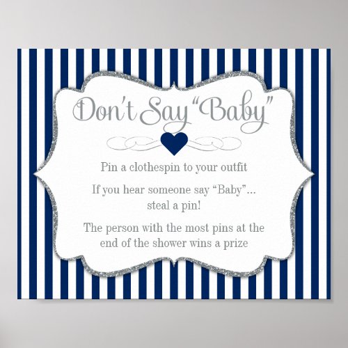 Dont Say Baby Shower Game Navy Blue Silver Boy Poster