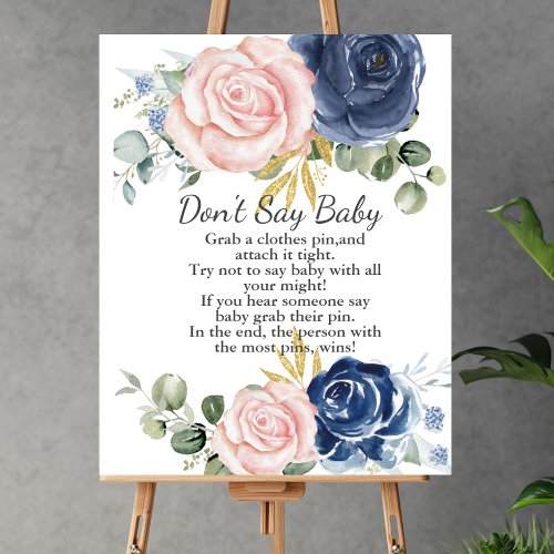 Dont say baby shower game navy blush pink floral poster