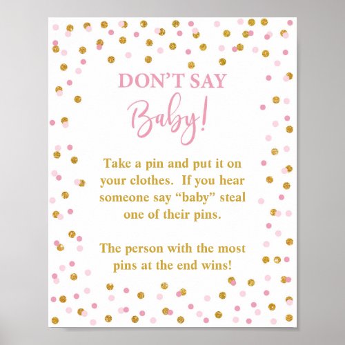 Dont Say Baby Shower Game Sign Pink  Gold