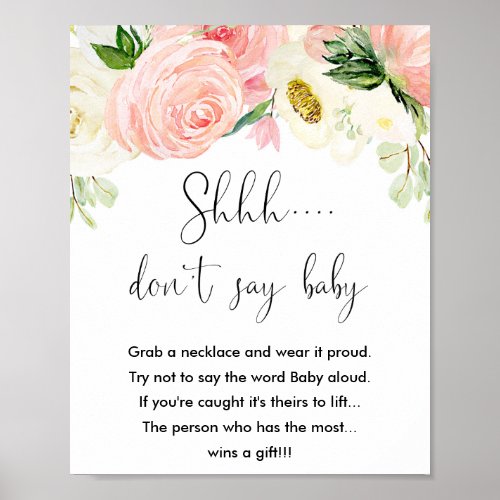 Dont say baby shower game sign pink gold floral