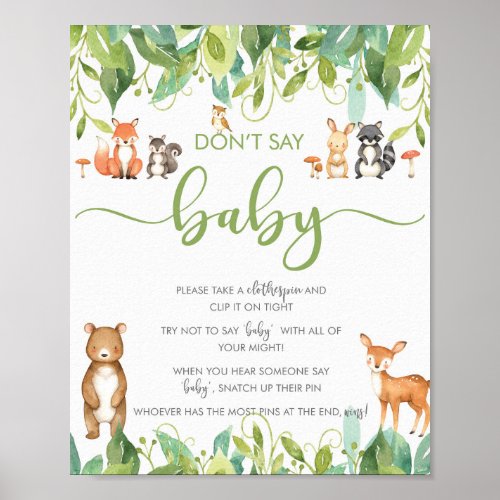 Dont Say Baby Shower Game Woodland Greenery Sign