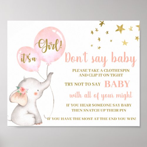 Dont Say Baby Shower Girl pink Elephant sign