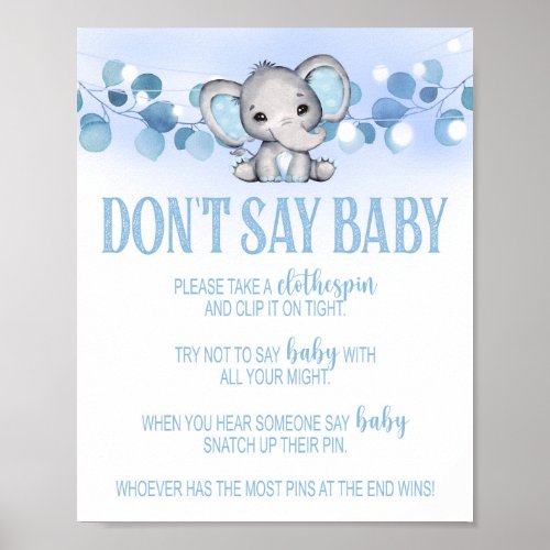 Dont Say Baby Shower Sign Game Elephant Blue