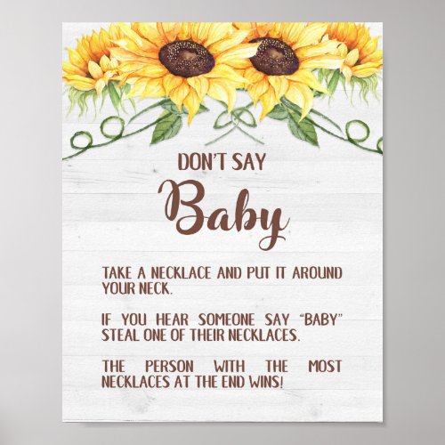 DONT SAY BABY Sunflower Shower Game Sign NECKLACE