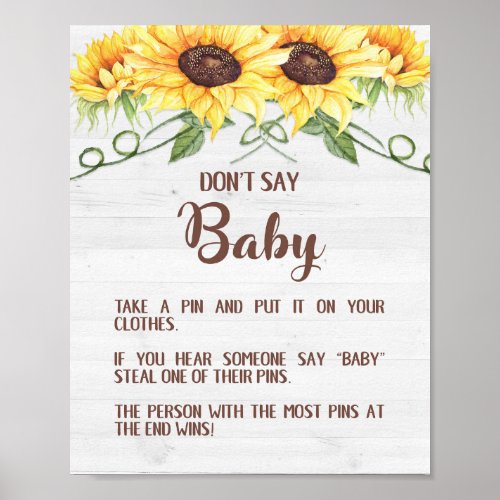 DONT SAY BABY Sunflower Shower Game Sign PIN