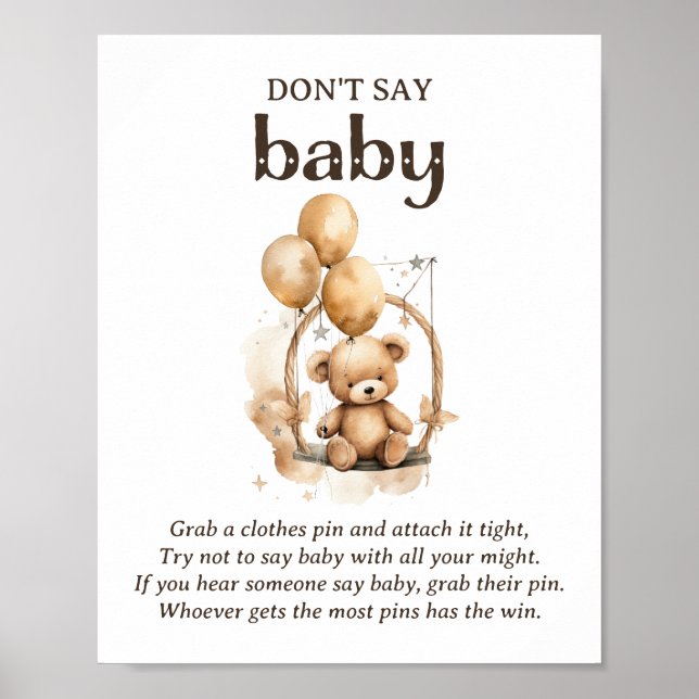 Don't Say Baby Teddy Bear Baby Shower Game Poster (Front)