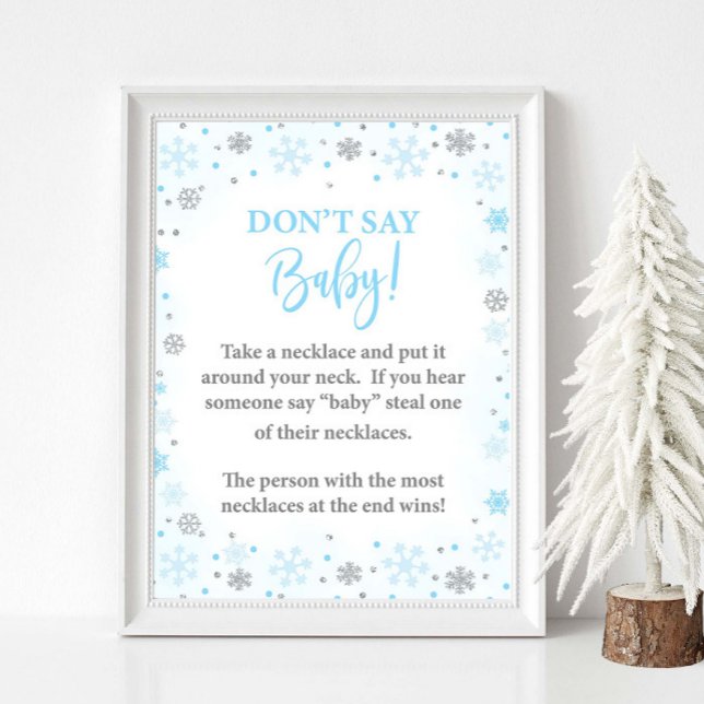 Don't Say Baby Winter Blue Shower Game Sign (Don't Say Baby Winter Baby Shower Game Sign, Blue & Silver Glitter Snowflakes, Necklace Version)