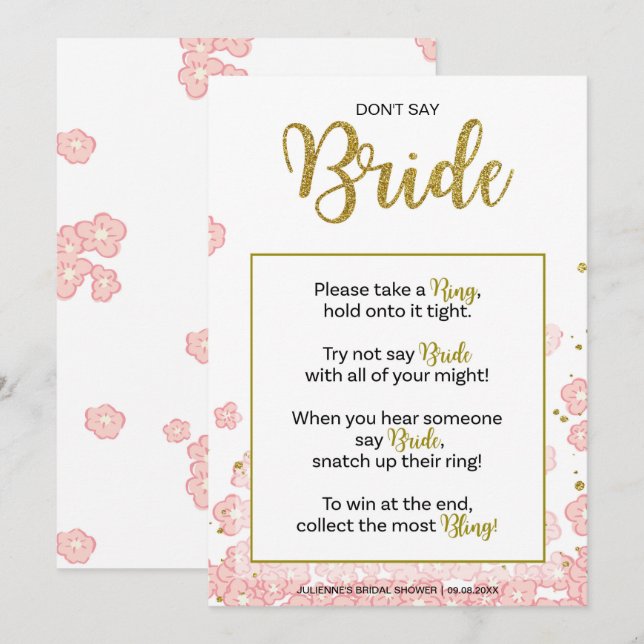 Don't Say Bride Bridal Shower Ring Game | Pink Gol Invitation (Front/Back)