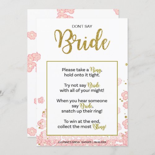 Dont Say Bride Bridal Shower Ring Game  Pink Gol Invitation