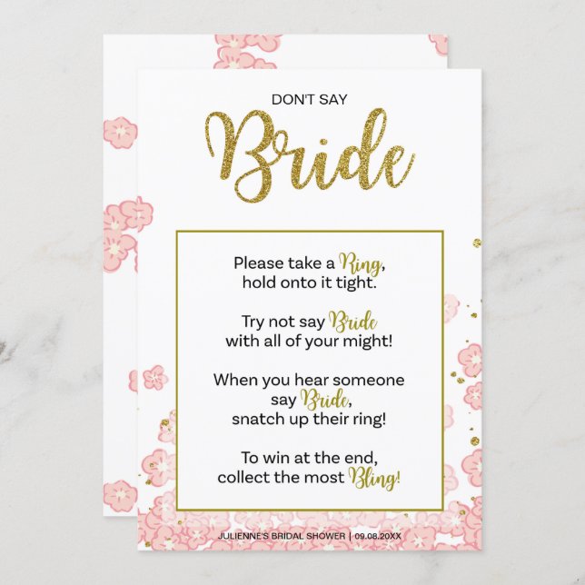 Don't Say Bride Bridal Shower Ring Game | Pink Gol Invitation (Front/Back)