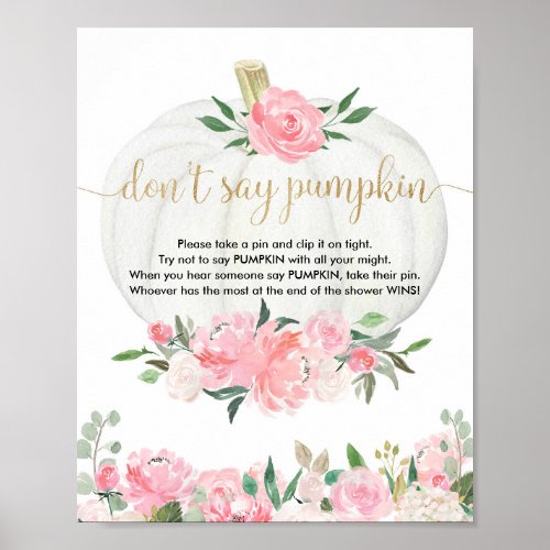 Dont say pumpkin baby shower game fall pink gold poster