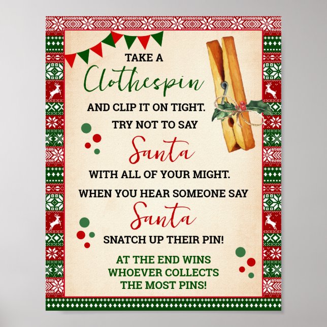 Don't Say Santa Clothespin Game Ugly Sweater Sign (Front)