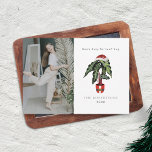 Don't Stop Beleafing House Plant Photo Christmas Holiday Card<br><div class="desc">Illustration of houseplant in santa suit pot topped with santa hat.  Text says,  "Don't Stop Be-leaf-ing."  Personalize the name,  year,  and photo.</div>