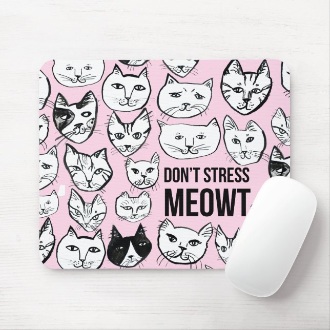 Don't Stress MEOWT Cat Head Pattern Pink Mouse Pad (With Mouse)