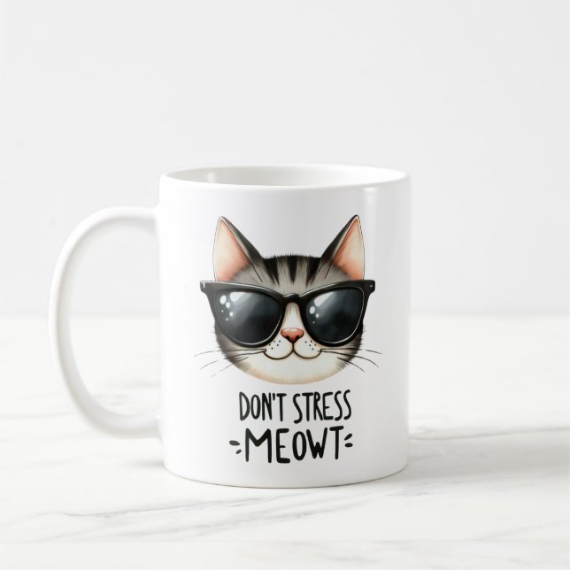 Don't Stress Meowt, Funny Cat Pun Coffee Mug (Left)