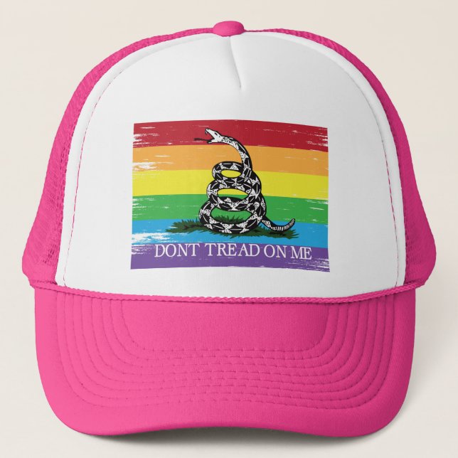 Don't tread on me Gadsden flag LGBT Rainbow grunge Trucker Hat (Front)