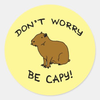 Don't Worry Be Capy  Capybara Happiness Pun Classic Round Sticker by Ckrickett at Zazzle