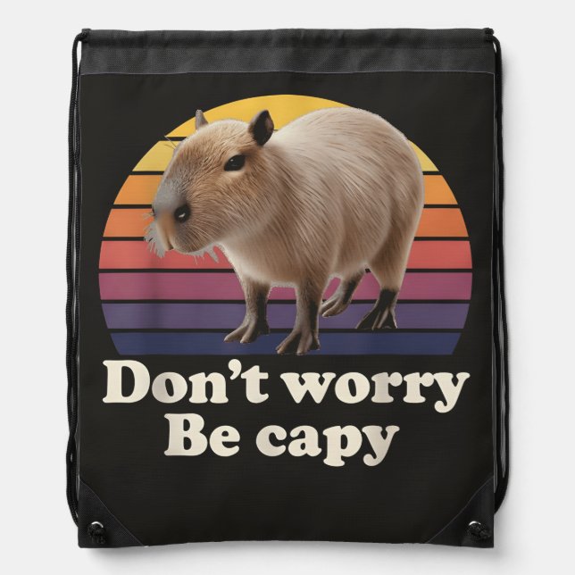 Don't Worry Be Capy Cute Capybara Pun Design Drawstring Bag (Front)