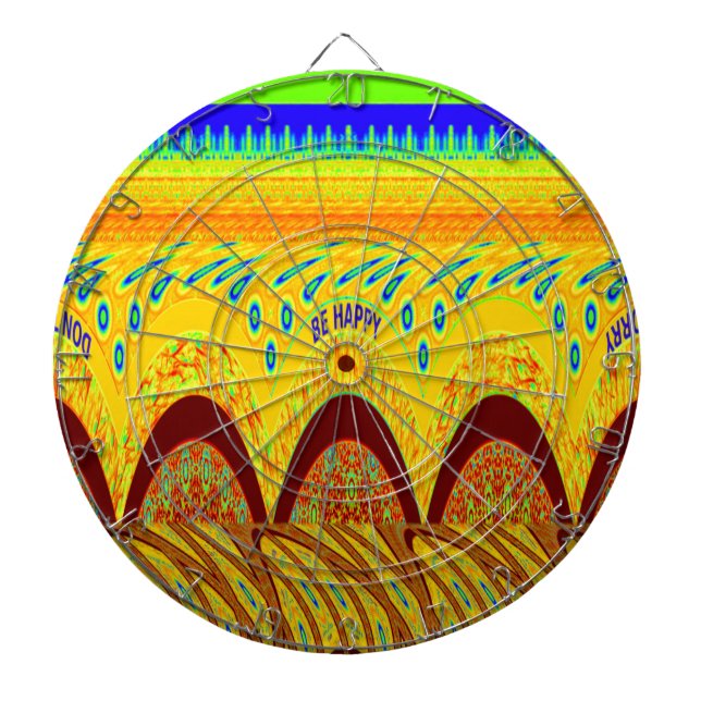 Don't Worry Be Happy Art Print Design Dartboard With Darts (Front)