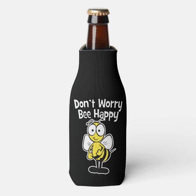 Don't Worry Be Happy Bee | Bumble Bee Black Bottle Cooler (Bottle Front)
