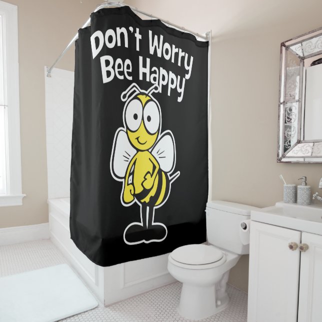 Don't Worry Be Happy Bee | Bumble Bee Black Shower Curtain (In Situ)