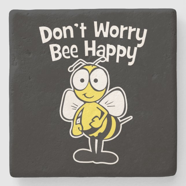 Don't Worry Be Happy Bumble Bee Black Stone Coaster (Front)