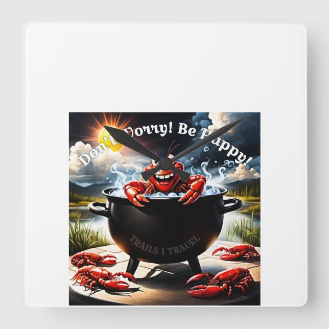 Don't Worry, Be Happy Crawfish Square Wall Clock (Front)