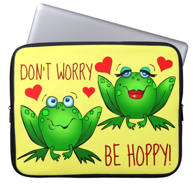 Dont Worry Be Hoppy Cute Cheerful Fun Green Frogs Laptop Sleeve (Front)
