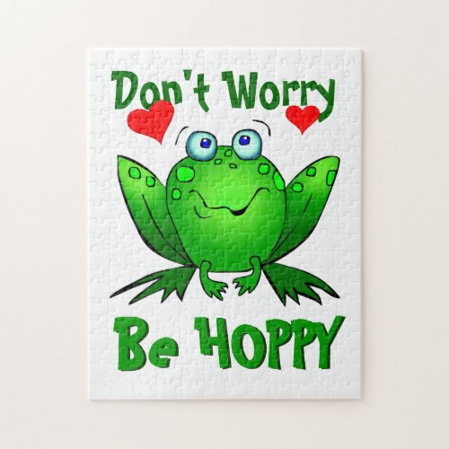 Dont Worry Be Hoppy Cute Green Frog w Hearts Jigsaw Puzzle