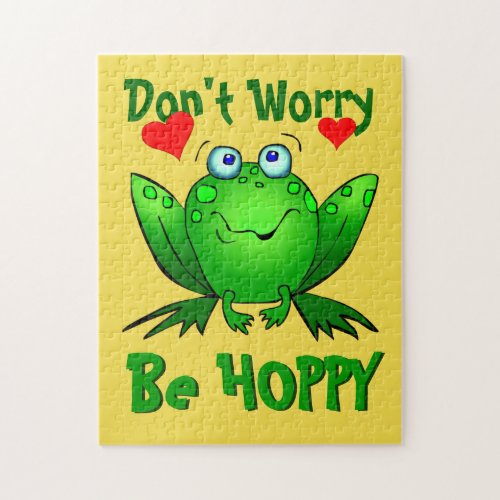 Dont Worry Be Hoppy Cute Green Frog w Hearts Jigsaw Puzzle