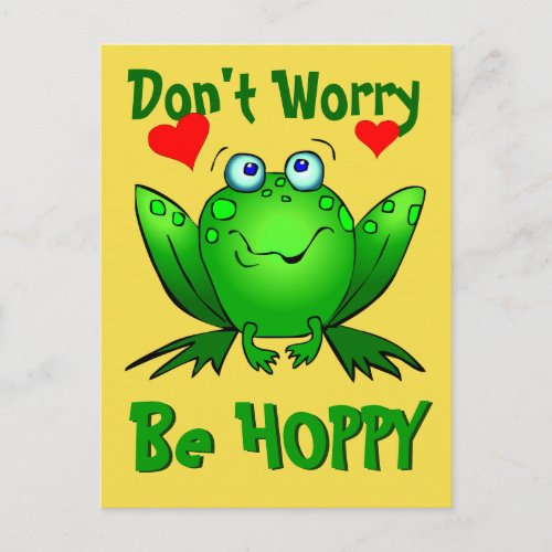 Dont Worry Be Hoppy Cute Green Frog w Hearts Postcard