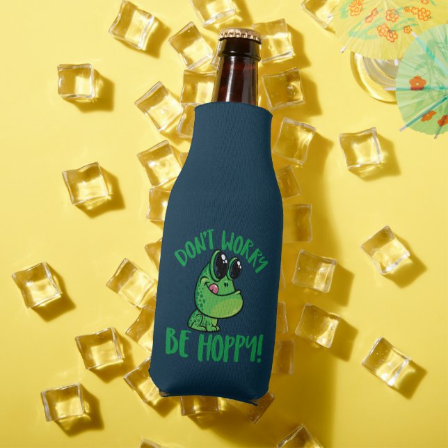 Don't Worry Be Hoppy Smiling Cartoon Frog Bottle Cooler (In Situ Summer)