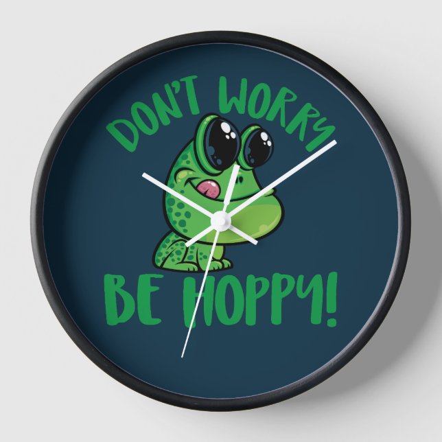 Don't Worry Be Hoppy Smiling Cartoon Frog Clock (Front)