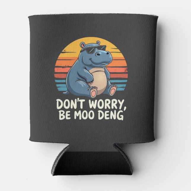 Don't Worry Be Moo Deng Baby Pygmy Hippo Retro Can Cooler (Front)