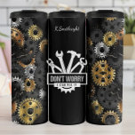 Don't Worry Mechanic Fix It Thermal Tumbler<br><div class="desc">This graphic features the reassuring phrase "DON'T WORRY I CAN FIX IT" in bold white text, with a central emblem of a wrench, hammer, and pliers. The design is set against a dark background with two large vertical sections filled with intricate gold, silver, and black gears. The overall aesthetic is...</div>